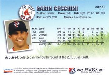 2014 Choice Pawtucket Red Sox #1 Garin Cecchini Back