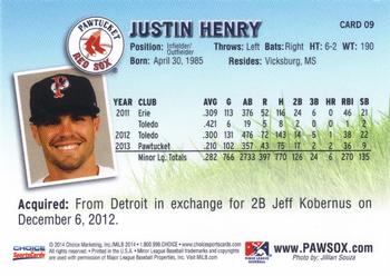 2014 Choice Pawtucket Red Sox #9 Justin Henry Back