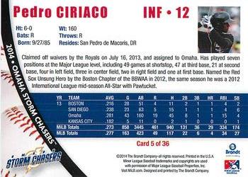 2014 Brandt Omaha Storm Chasers #5 Pedro Ciriaco Back