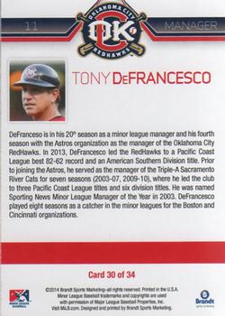 2014 Brandt Oklahoma City RedHawks #30 Tony DeFrancesco Back