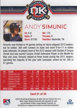 2014 Brandt Oklahoma City RedHawks #21 Andy Simunic Back