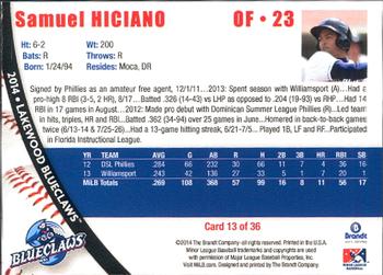 2014 Brandt Lakewood BlueClaws #13 Samuel Hiciano Back