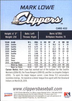 2014 Choice Columbus Clippers #22. Mark Lowe Back
