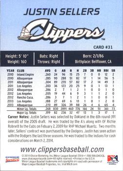2014 Choice Columbus Clippers #31. Justin Sellers Back