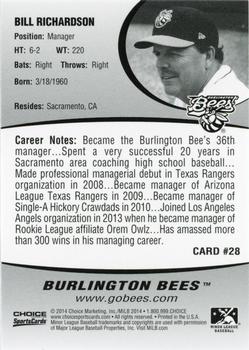 2014 Choice Burlington Bees #28 Bill Richardson Back