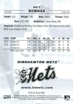 2014 Choice Binghamton Mets #1 Matt Bowman Back