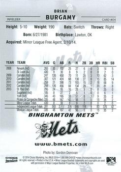 2014 Choice Binghamton Mets #4 Brian Burgamy Back