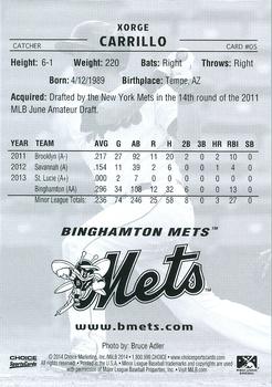 2014 Choice Binghamton Mets #5 Xorge Carrillo Back
