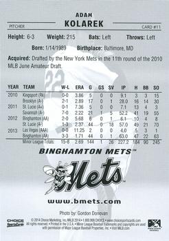 2014 Choice Binghamton Mets #11 Adam Kolarek Back