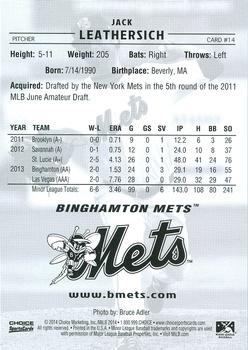 2014 Choice Binghamton Mets #14 Jack Leathersich Back