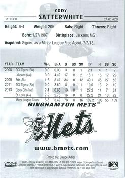 2014 Choice Binghamton Mets #20 Cody Satterwhite Back