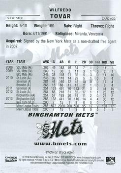 2014 Choice Binghamton Mets #22 Wilfredo Tovar Back