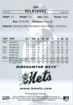 2014 Choice Binghamton Mets #24 Jon Velasquez Back