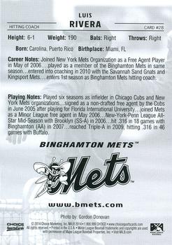 2014 Choice Binghamton Mets #28 Luis Rivera Back