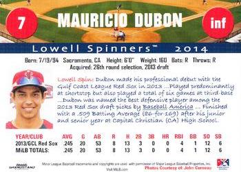 2014 Grandstand Lowell Spinners #NNO Mauricio Dubon Back