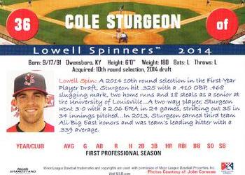 2014 Grandstand Lowell Spinners #NNO Cole Sturgeon Back