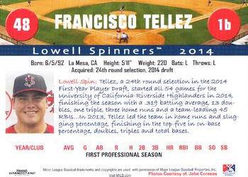 2014 Grandstand Lowell Spinners #NNO Francisco Tellez Back