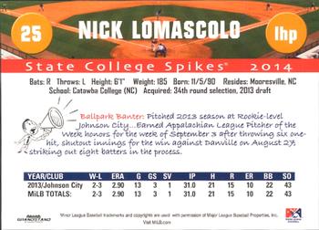 2014 Grandstand State College Spikes #NNO Nick Lomascolo Back