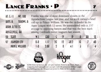 1998 Multi-Ad Peoria Chiefs SGA #7 Lance Franks Back