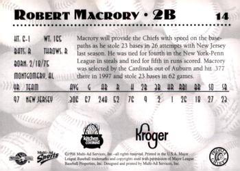 1998 Multi-Ad Peoria Chiefs SGA #14 Robert Macrory Back