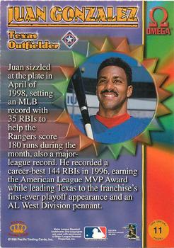 1998 Pacific Omega - Prisms #11 Juan Gonzalez Back