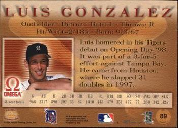 1998 Pacific Omega - Red #89 Luis Gonzalez Back