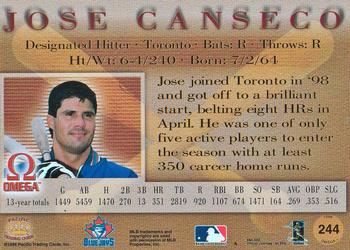 1998 Pacific Omega - Red #244 Jose Canseco Back