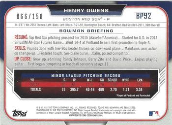 2015 Bowman - Prospects Blue #BP92 Henry Owens Back