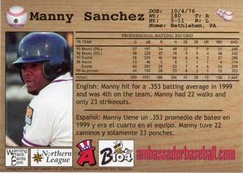 2000 Warning Track Allentown Ambassadors #6 Manny Sanchez Back
