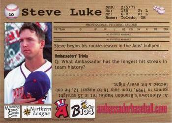 2000 Warning Track Allentown Ambassadors #10 Steve Luke Back
