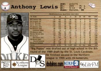 2000 Warning Track Duluth-Superior Dukes #2 Anthony Lewis Back