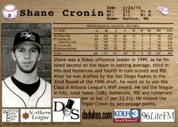 2000 Warning Track Duluth-Superior Dukes #3 Shane Cronin Back