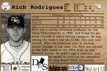 2000 Warning Track Duluth-Superior Dukes #11 Rich Rodrigues Back
