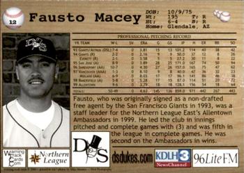2000 Warning Track Duluth-Superior Dukes #12 Fausto Macey Back