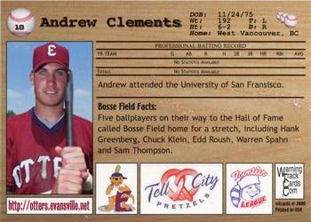 2000 Warning Track Evansville Otters #18 Andrew Clements Back