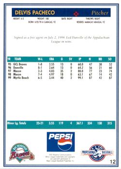 2000 Blueline Q-Cards Richmond Braves #12 Delvis Pacheco Back