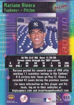 1998 Pacific Online - Red #515 Mariano Rivera Back