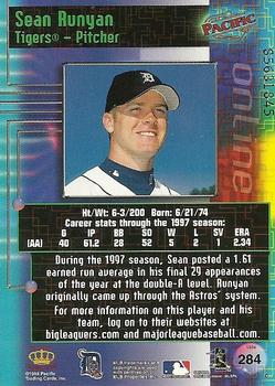 1998 Pacific Online - Web Cards #284 Sean Runyan Back