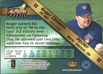 1998 Pacific Aurora - Pennant Fever #21 Roger Clemens Back