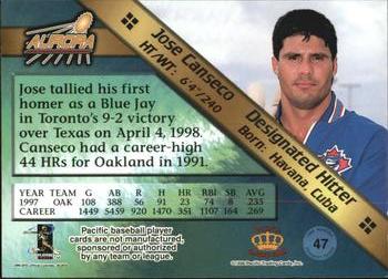 1998 Pacific Aurora - Pennant Fever #47 Jose Canseco Back