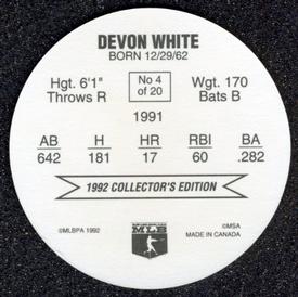 1992 Ben's Super Hitters Discs #4 Devon White Back