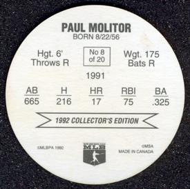 1992 Ben's Super Hitters Discs #8 Paul Molitor Back
