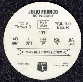 1992 Ben's Super Hitters Discs #9 Julio Franco Back