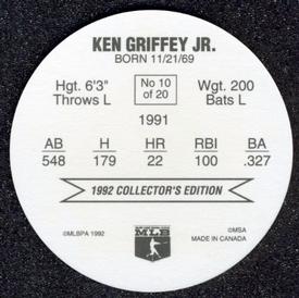1992 Ben's Super Hitters Discs #10 Ken Griffey Jr. Back