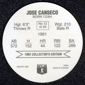 1992 Ben's Super Hitters Discs #12 Jose Canseco Back