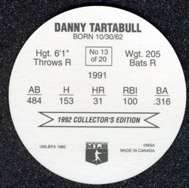 1992 Ben's Super Hitters Discs #13 Danny Tartabull Back