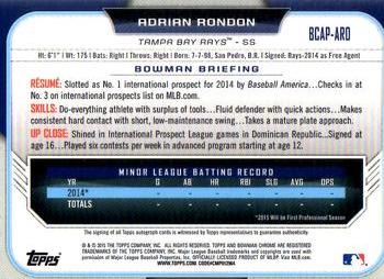 2015 Bowman - Chrome Prospect Autographs #BCAP-ARO Adrian Rondon Back