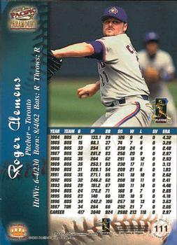 1998 Pacific Paramount - Inaugural #111 Roger Clemens Back