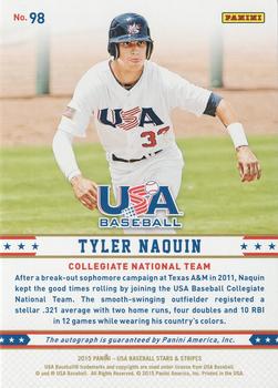 2015 Panini USA Baseball Stars & Stripes - Longevity Signatures Team Logo Gold #98 Tyler Naquin Back