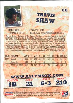 2012 Choice Salem Red Sox #08 Travis Shaw Back